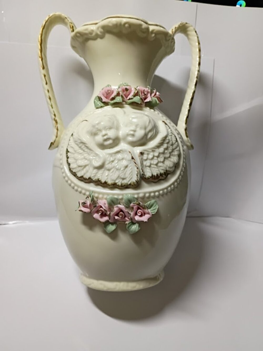 Vintage 3D White Porcelain Angel Vase 10" Gold Inlay